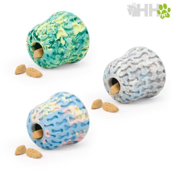 Coloridos dispensadores de premios para mascotas en forma de calabazo con textura rugosa.