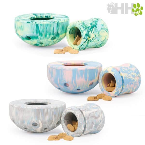 Juguetes y comederos de cerámica para mascotas, en colores mármore y marbled. Diseño resistente, ideal para perros y gatos.
