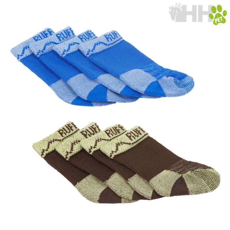 Calcetines para niños con diseño de montaña y texto RUFF, color azul y beige, cómodos y resistentes.