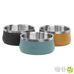 Tazones para mascotas de acero inoxidable en diferentes colores, aptos para comida y agua.
