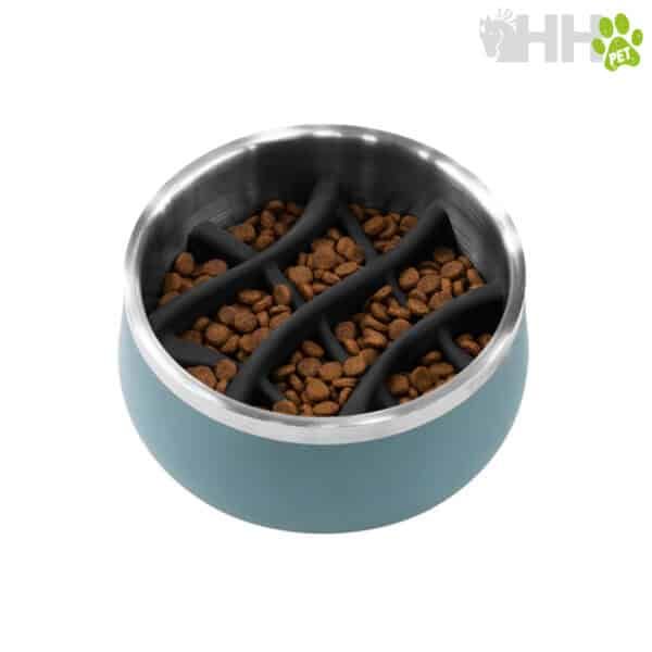 Comedero automátic dog feeder with stainless steel bowl and anti-slip rubber mat.