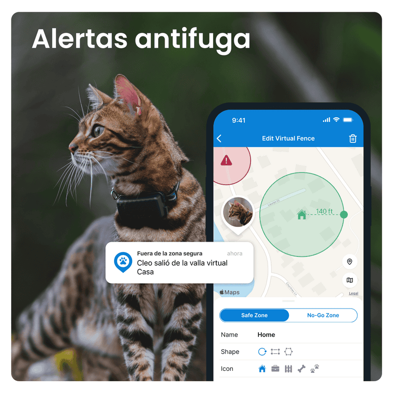Antifugas para mascotas en línea - Control de zonas seguras y peligrosas con alertas antifuga.