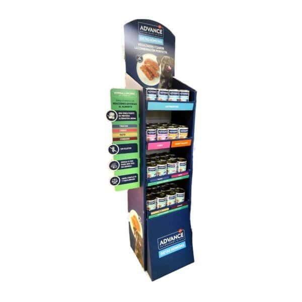 Expositor para 48 latas Advance, ideal para tiendas y supermercados, promociona productos de forma eficiente.