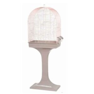 Jaula rosa para pájaros en stand con pie, ideal para mascotas pequeñas.