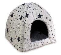 Iglu para mascotas con diseño de estrellas negras y blancas, ideal para perros pequeños.
