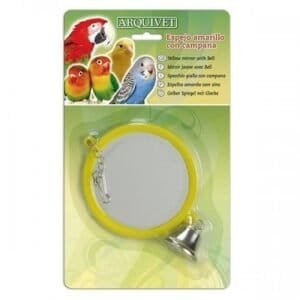 Espejo amarillo con campana, ideal para decoración infantil y juguetes de mascotas. Accesorio divertido y funcional para niños.