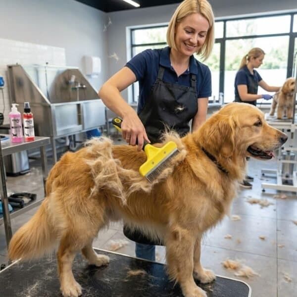 Cuidado y grooming canino en TodoMASKOTAS con herramientas profesionales para eliminar pelo muerto.
