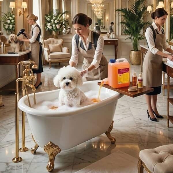 Perro en baño con productos para mascotas, cuidado y limpieza de perros, tienda de mascotas online, accesorios y higiene para mascotas.
