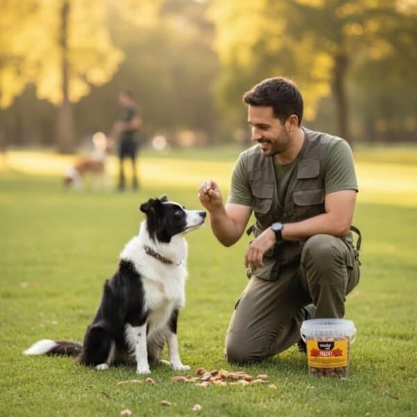 Perro con dueño entrenando en parque con snacks Mighty Trafil para perros.