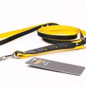 Correa de piel para perros de lujo, 130 cm, color negro y amarillo, resistente y elegante.
