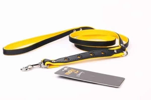 Correa de piel para perros de lujo, 130 cm, color negro y amarillo, resistente y elegante.