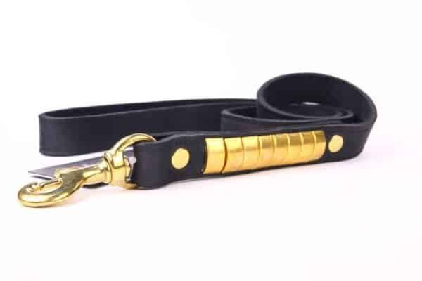Correa de piel con detalles dorados, ideal para mascotas de tamaño grande.