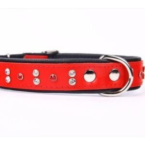 Collar para perros en piel roja con cristales y detalles metálicos. Cómodo y elegante para tu mascota.