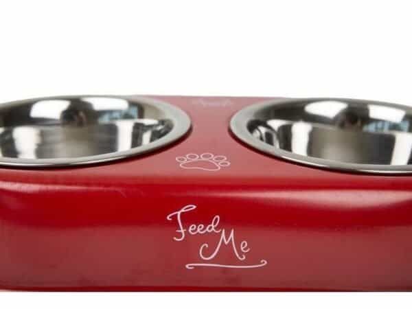 Comedero doble para perros y gatos, acero inoxidable, diseño resistente y fácil de limpiar.