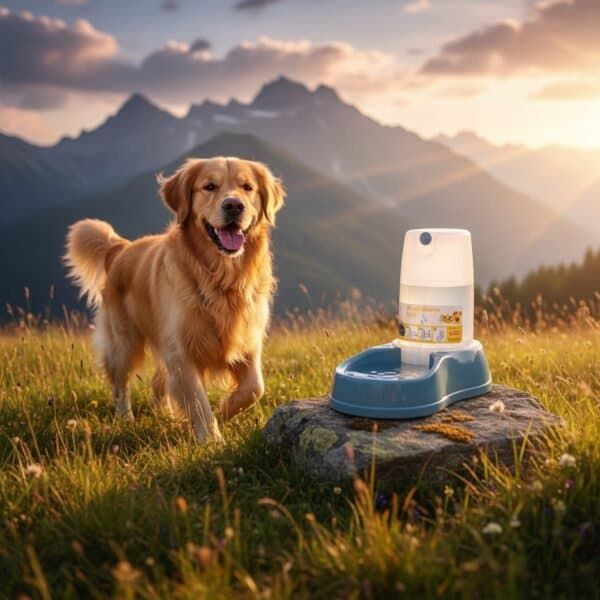 Bebedero para perros de 6,5 litros en un paisaje natural con montaña y atardecer. Perfecto para mascotas en exteriores.