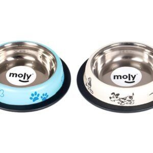 Comedero de acero para gatos con diseño divertido y resistente, ideal para comida y agua.