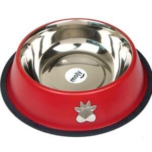 Bowl para mascotas de acero inoxidable con base antideslizante y diseño resistente.