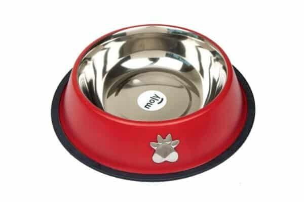 Bowl para mascotas de acero inoxidable con base antideslizante y diseño resistente.