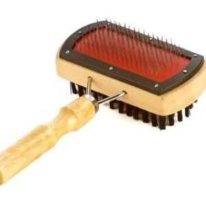 Cepillo de madera con cerdas dobles para pelajes medianos y largos, ideal para un cepillado profesional en mascotas.