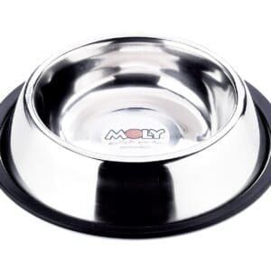 Comedero de acero inoxidable anti-deslizante para mascotas, capacidad 0.55L. Resistente y fácil de limpiar.