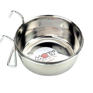 Comedero de acero inoxidable con ganchos, ideal para mascotas, 0.90 L volumen.