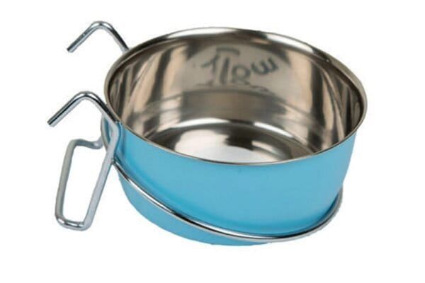 Comedero para mascotas con ganchos y 12,5 cm de diámetro, ideal para comida y agua.