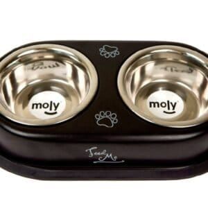 Alimento para mascotas, doble comedero inoxidable.