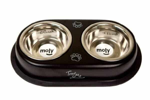 Alimento para mascotas, doble comedero inoxidable.