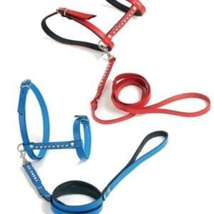 Correa para gatos de lujo en colores rojo, azul y negro con brillantinas para mascotas.