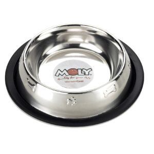 Comedero de acero inoxidable para mascotas con base antideslizante, ideal para perros pequeños.