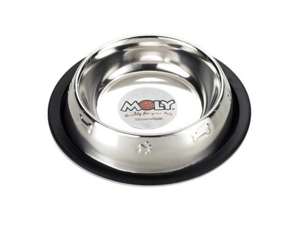 Comedero de acero inoxidable para mascotas con base antideslizante, ideal para perros pequeños.
