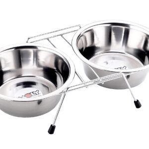 Recipientes de acero inoxidable para mascotas, doble comedero con soporte resistente.