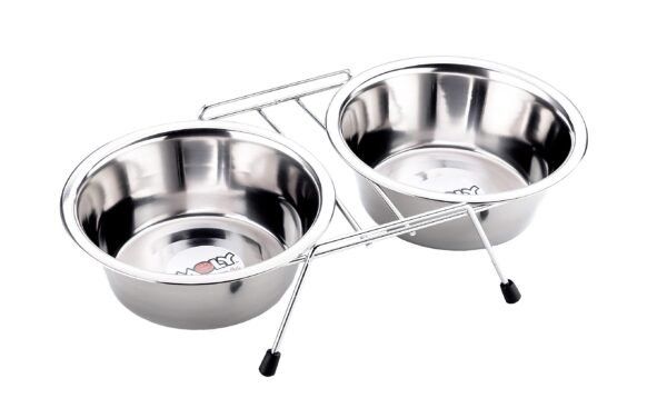 Recipientes de acero inoxidable para mascotas, doble comedero con soporte resistente.