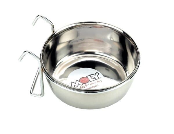 Comedero de acero inoxidable con ganchos, ideal para perros y gatos, 15 cm.
