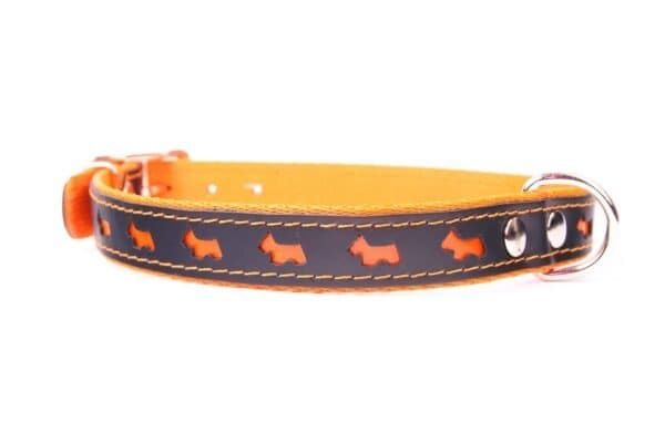 Collar para perros con diseño reflectante y detalles en color naranja, ideal para seguridad y estilo.