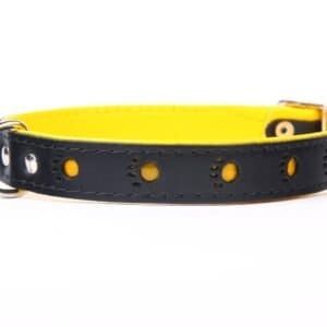 Correa de piel negra con forro amarillo para perros, tamaño 45 cm, resistente y elegante.