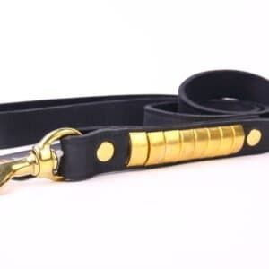Correa de piel negra con detalles en oro, resistente y elegante para mascotas de lujo.