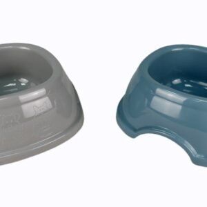 Comedero tope de alimentación para perros y gatos en colores gris y azul, ideal para uso diario.