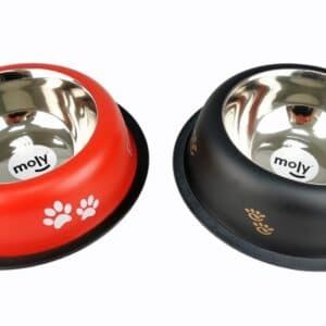 Comedero de acero inoxidable redondo para mascotas, de 25 cm y 2,35 litros, con base antideslizante y diseño resistente.