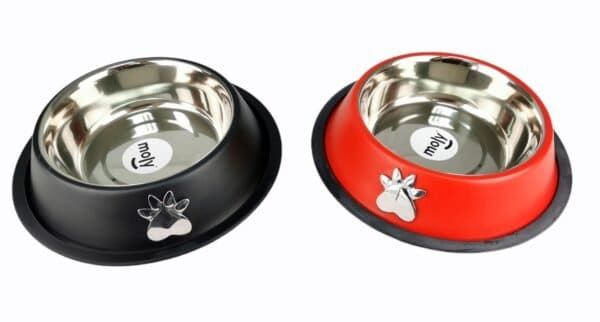 Comedero para mascotas de acero inoxidable con decoración de pata y base antideslizante. Perfecto para perros y gatos.