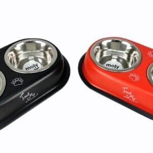 Comedero doble para perros y gatos, plato de acero inoxidable 13,5cm, resistente y práctico para alimentación saludable.