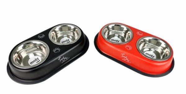 Comedero doble para perros y gatos, plato de acero inoxidable 13,5cm, resistente y práctico para alimentación saludable.