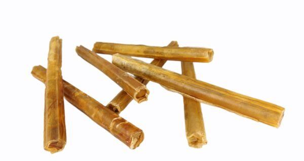 Palos de piel de 25 cm, snack natural y resistente para perros, ideal para morder y jugar.