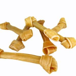 Huesos con nudo para perros, snack natural resistente, ideal para masticar y entretener, en bolsa de 10 unidades.