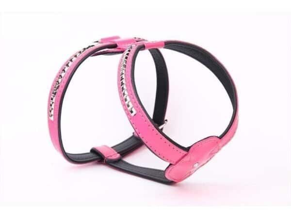 Correa para perros de piel con detalles metálicos y clavos en color rosa, 60 cm.