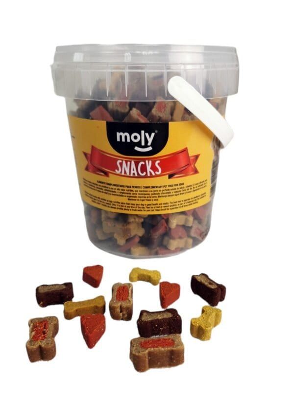 Snacks para perros, con proteínas, en bol de 500 g, sabor huesitos y corazones.