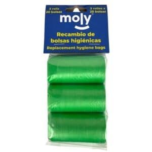 Bolsas higiénicas para paseos con perro, pack de 3 rollos de 20 bolsas resistentes y fáciles de usar.