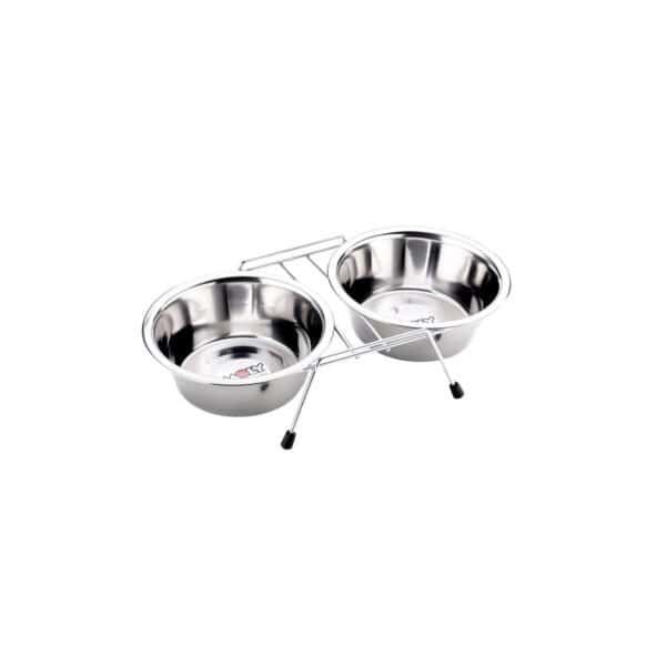 Comedero perro doble 16.5 cm con soporte y capacidad de 2x0.70L, ideal para alimentación cómoda y práctica.
