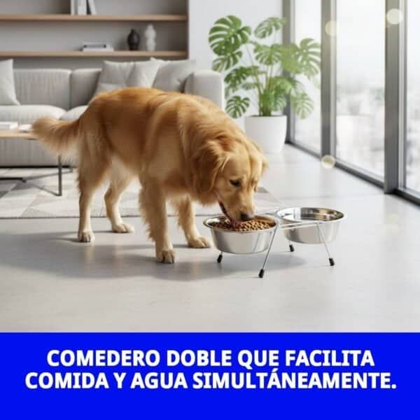 Comedero doble de 16.5cm con soporte, ideal para comida y agua, fácil de limpiar y resistente.