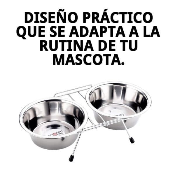 Comeñero doble de acero inoxidable con soporte, perfecto para comida y agua para mascotas. Fácil de usar y limpiar.